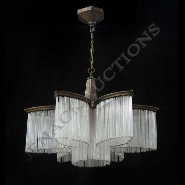 VINTAGE ART DECO BRASS AND CRYSTAL CHANDELIER: VINTAGE ART DECO BRASS AND CRYSTAL CHANDELIER. HEIGHT 15'; DIAMETER 19"