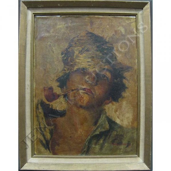 MARIA GIANNINI (ITALIAN 20TH CENTURY), OIL : MARIA GIANNINI (ITALIAN 20TH CENTURY), OIL ON CANVAS LAID ON MASONITE, BOY WITH STRAW HAT AND PIPE, SIGNED. 16 X 11 3/4"; FRAMED 20 X 16"