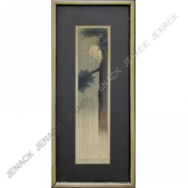 KOHO SHODA (JAPANESE 1870-1946), WOODBLOCK PRINT: KOHO SHODA (JAPANESE 1870-1946), WOODBLOCK PRINT, HERON IN RAIN, SIGNED. SHEET 13 1/4 X 3"; FRAMED AND GLAZED-19 X 8 1/4"