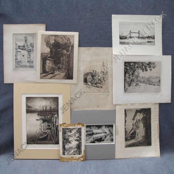 LOT (9) ASSORTED ETCHINGS INCLUDING EUGENE BEJOT: LOT (9) ASSORTED ETCHINGS INCLUDING EUGENE BEJOT, FRED NEWMAN, STANLEY WOOD, GEORGE A. BRADSHAW, MAX POLLACK ETC