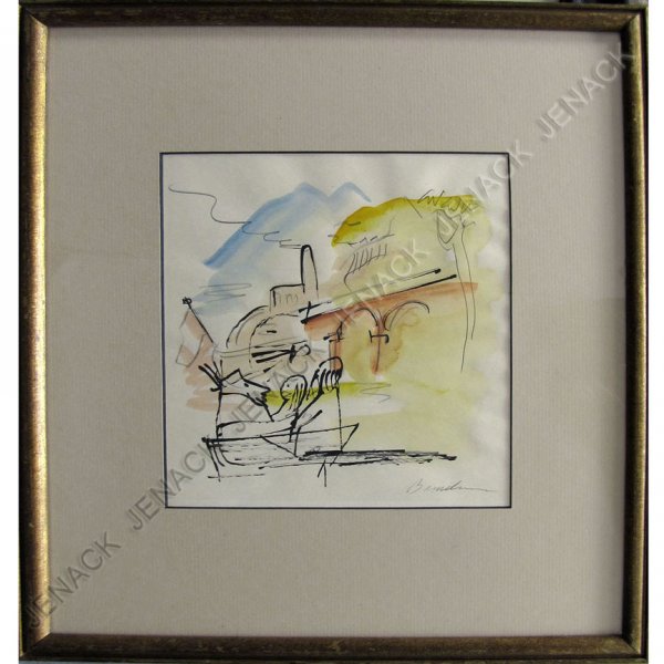 LUDWIG BEMELMANS (AMERICAN 1898-1962), INK: LUDWIG BEMELMANS (AMERICAN 1898-1962), INK, WATERCOLOR, AND GRAPHITE, FIGURES IN A BOAT, SIGNED. SIGHT 9 1/2 X 8"