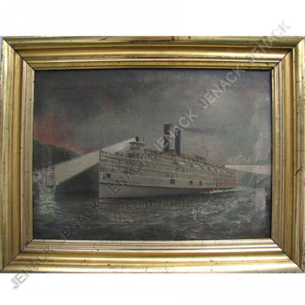 ALBERT F. BISHOP (AMERICAN 1855-), OIL ON CANVAS: ALBERT F. BISHOP (AMERICAN 1855-), OIL ON CANVAS, THE S.S. BERKSHIRE OF THE HUDSON NAVIGATION COMPANY, SIGNED (INDISTINCTLY LL). 14 X 20"; FRAMED 18 X 24" (VESSEL HISTORY VERSO)
