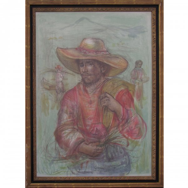 EDNA HIBEL (AMERICAN 1917-) COLOR LITHOGRAPH: EDNA HIBEL (AMERICAN 1917-) COLOR LITHOGRAPH, GATHERING WHEAT, SINGED #200/295. 43 1/2 X 30 3/4"; FRAMED & GLAZED 49 X 36"