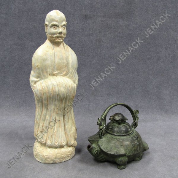 LOT (2) CHINESE ARCHAIC STYLE INCLUDING TEAPOT: LOT (2) CHINESE ARCHAIC STYLE INCLUDING BRONZE TURTLE-FORM TEAPOT, HEIGHT 5"; STRAW GLAZED POTTERY FIGURE OF A LOHAN, HEIGHT 12"