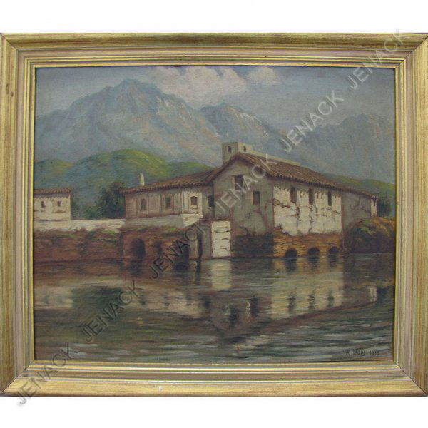 ALBERTO LOBOS (LATIN AMERICAN 20TH CENTURY), OIL: ALBERTO LOBOS (LATIN AMERICAN 20TH CENTURY), OIL ON CANVAS, "MOLINO VIEJO EN CORRALES", SIGNED AND TITLED 1935. 17 X 21"; FRAMED 20 1/2 X 24"
