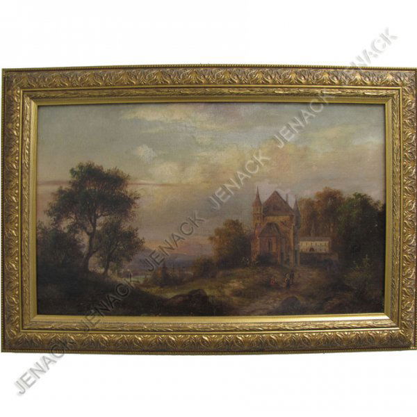 GERMAN SCHOOL (19TH CENTURY), OIL ON CANVAS: GERMAN SCHOOL (19TH CENTURY), OIL ON CANVAS (LAID ON PANEL), LANDSCAPE WITH FIGURES, UNSIGNED. 13 X 21 1/2"; FRAMED 17 X 26"
