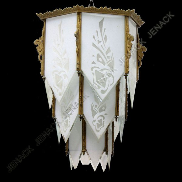 DECO CEILING LIGHT/EX. STATE MOVIE THEATER MDTN NY: DECO CEILING LIGHT WITH ETCHED FROSTED GLASS. HEIGHT 25"; EX: STATE MOVIE THEATER, MIDDLETOWN NY (2 PANELS CRACKED, SOME CHIPPING TO PANELS)