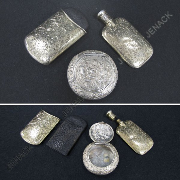 LOT (3) STERLING INCLUDING REPOUSSE PILL BOX: LOT (3) STERLING INCLUDING REPOUSSE PILL BOX, DIAMETER 2"; ENGRAVED MATCH SAFE, LENGTH 3"; AND ENGRAVED