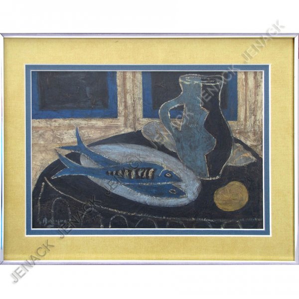 AFTER GEORGES BRAQUE (FRENCH 1882-1963), OIL : AFTER GEORGES BRAQUE (FRENCH 1882-1963), OIL ON CANVAS BOARD, ARRANGEMENT ON THE TABLE, SIGNED. SIGHT 10 X 15"; FRAMED AND GLAZED-14 X 19"