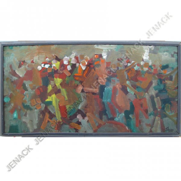 IRVING GEORGE LEHMAN (AMERICAN NEW YORK 1900-1983): IRVING GEORGE LEHMAN (AMERICAN NEW YORK 1900-1983) OIL ON MASONITE, "STREET DANCE", SIGNED. 24 X 48"; FRAMED 27 X 51"