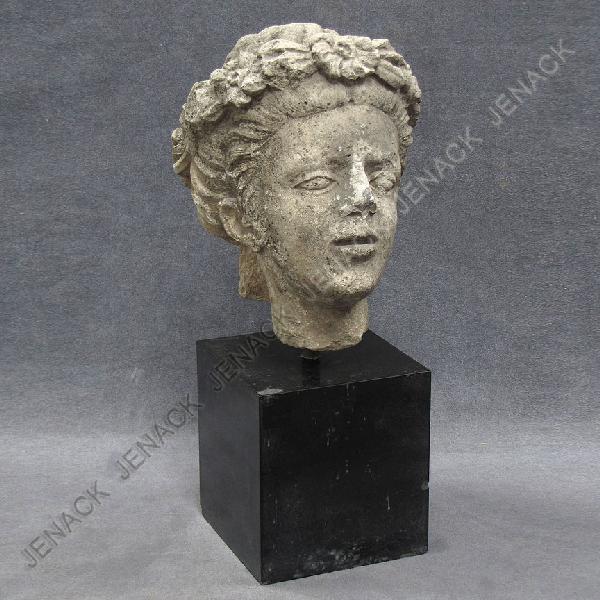 ROMAN CARVED STONE HEAD OF GODDESS: ROMAN CARVED STONE HEAD OF GODDESS, C.6TH CENTURY AD OR LATER. HEIGHT 11" WITH STAND HEIGHT 18 1/2" (REPAIRS)