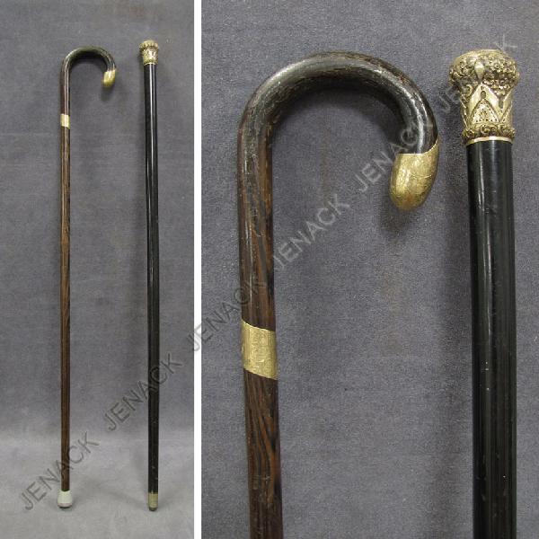 LOT (2) INCLUDING VINTAGE ROSEWOOD WALKING STICK: LOT (2) INCLUDING VINTAGE ROSEWOOD WALKING STICK WITH GOLD FILLED CAP, LENGTH 35"; VINTAGE 14K MOUNTED ROSEWOOD CANE, LENGTH 35