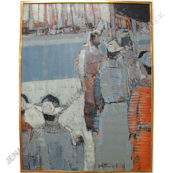 GABRIEL GODARD (AMERICAN/FRENCH 1933-) OIL: GABRIEL GODARD (AMERICAN/FRENCH 1933-) OIL ON CANVAS "BRETONNES AU PORT"; SIGNED/TITLED 1963. 46 X 35"; FRAMED 47 X 36