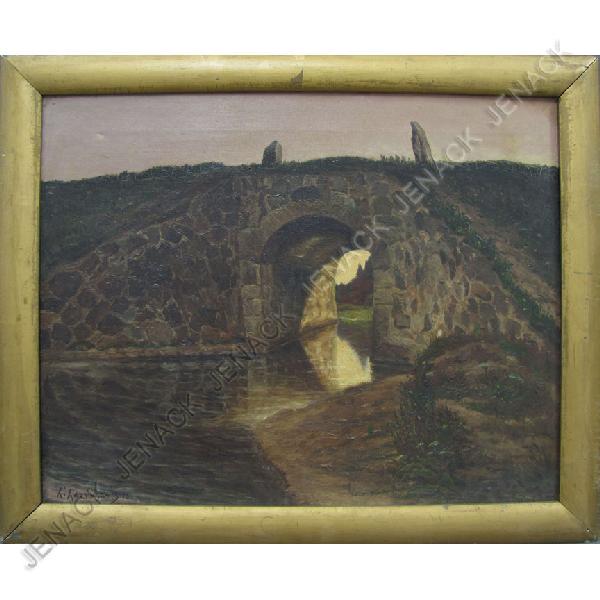 HENRI HARPIGNIES (FRENCH 1819-1916), OIL ON CANVAS: HENRI HARPIGNIES (FRENCH 1819-1916), OIL ON CANVAS, STONE BRIDGE, SIGNED 1912. 19 X 24"; FRAMED 22 X 27