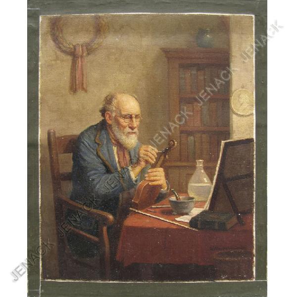 WILLEM VAN NIEUWENHOVEN (DUTCH 19/20TH CENTURY): WILLEM VAN NIEUWENHOVEN (DUTCH 19/20TH CENTURY), OIL ON CANVAS, STRINGING THE VIOLIN, SIGNED C.1920'S. 15 X 12" (UNSTRETCHED CANVAS LAID ON CARD STOCK)