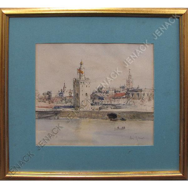 MAX FRIEDRICH RABES (GERMAN 1868-1944), GRAPHITE : MAX FRIEDRICH RABES (GERMAN 1868-1944), GRAPHITE AND WATERCOLOR, "SEVILLA", SIGNED AND TITLED 18.2.06. SIGHT 10 3/4 X 12 1/2"; FRAMED AND GLAZED-18 1/2 X 20