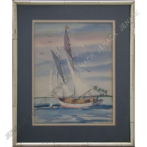 JOHN WARD (AMERICAN 20TH CENTURY), WATERCOLOR: JOHN WARD (AMERICAN 20TH CENTURY), WATERCOLOR, SAILING IN THE TROPICS, SIGNED AND DATED 1951. SIGHT 23 X 18"; FRAMED AND GLAZED 34 X 28