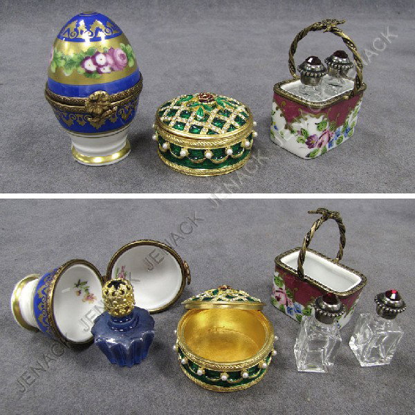LOT (3) MINIATURE BOXES/PERFUMES INCLUDING LIMOGES: LOT (3) MINIATURE BOXES/PERFUMES INCLUDING LIMOGES. LARGEST/HEIGHT 2"