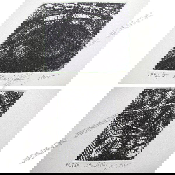 CHUCK CONNELLY (AMERICAN 1955-) LOT (2) ETCHINGS: CHUCK CONNELLY (AMERICAN 1955-) LOT (2) ETCHINGS, UNTITLED, SIGNED AP I/V 1985. PLATES 4 X 4 7/8" & 4 3/4 X 3 7/8". SHEETS 15 X 17 1/2" & 17 1/2 X 15"