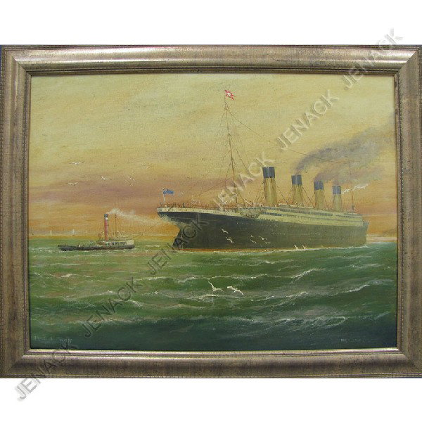 FREDERICK TORDOFF (ANGLO/AMERICAN), OIL ON BOARD: FREDERICK TORDOFF (ANGLO/AMERICAN), OIL ON BOARD, TITANIC WITH TUG, SIGNED. 18 X 24"; FRAMED 21 1/2 X 27 1/2"