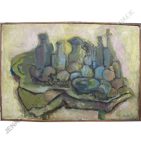 PAULA RAPP (AMERICAN SCHOOL 20TH CENTURY), ACRYLIC: PAULA RAPP (AMERICAN SCHOOL 20TH CENTURY), ACRYLIC ON MASONITE, MANNER OF GEORGES BRAQUE'S ARRANGEMENT ON TABLE, SIGNED. 24 X 36"