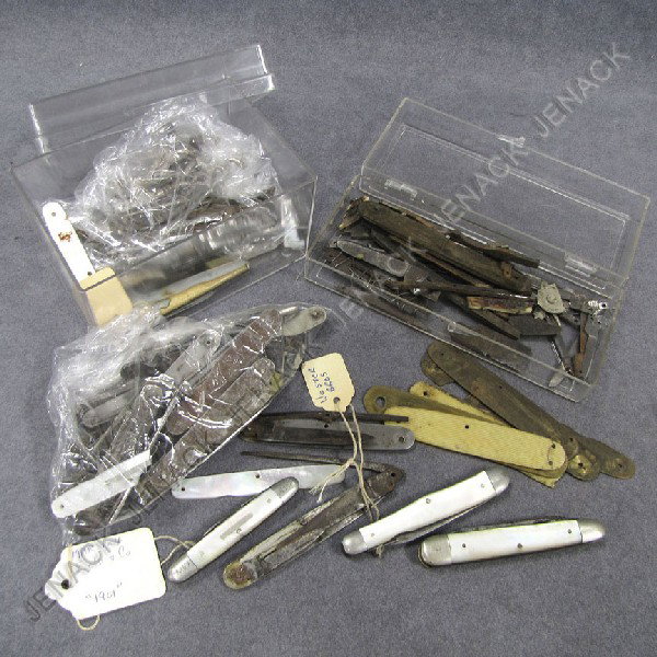 LOT (2) BOXES ASSORTED VINTAGE POCKET KNIFE: LOT (2) BOXES ASSORTED VINTAGE FOLDING POCKET KNIFE PARTS INCLUDING BLADES, CASES, ETC.