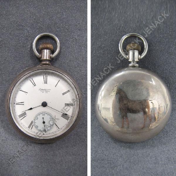 VINTAGE AMERICAN WALTHAM, GOLD POCKET WATCH: VINTAGE AMERICAN WALTHAM, P.S. BARTLETT, GOLD HORSE INLAID, CENTURY CASED OPEN-FACE POCKET WATCH #5278162. DIAMETER 2"
