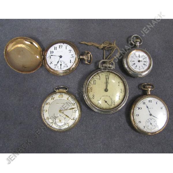 LOT (5) ASSORTED VINTAGE POCKET WATCHES: LOT (5) ASSORTED VINTAGE POCKET WATCHES INCLUDING BULOVA, ELGIN, ETC. DIAMETER 1 1/4-2"