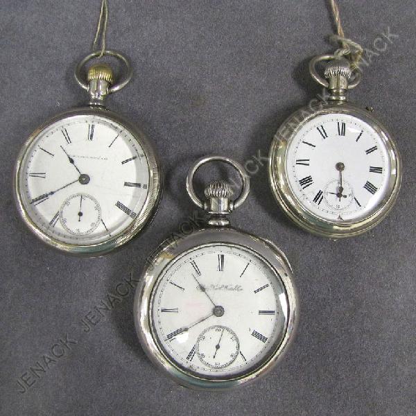 LOT (3) VINTAGE SILVER OPEN-FACE POCKET WATCHES: LOT (3) VINTAGE COIN/ORE SILVER OPEN-FACE POCKET WATCHES INCLUDING ELGIN NATIONAL WATCH CO. COIN SILVER, #3753185, 1889; ELGIN NATIONAL WATCH CO., ORE SILVER OF, #2112658 1886; UNKNOWN BUTTON SET, #77
