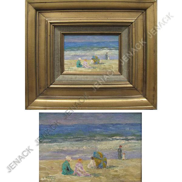 FOLLOWER OF EDWARD HENRY POTTHAST: FOLLOWER OF EDWARD HENRY POTTHAST (AMERICAN 1857-1927), OIL ON CANVAS BOARD, FIGURES ON THE BEACH, SIGNED. 5 X 7"