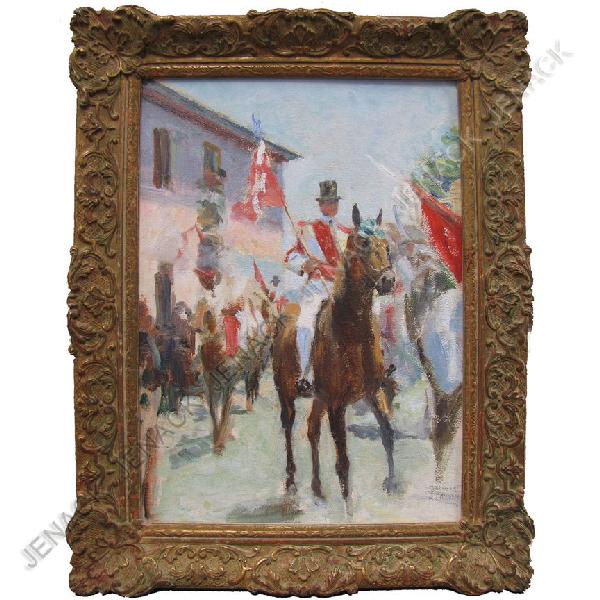 CONTINENTAL SCHOOL (20TH CENTURY), OIL : CONTINENTAL SCHOOL (20TH CENTURY), OIL ON ARTIST PANEL, FESTIVAL WITH MOUNTED FIGURES, UNSIGNED. 13 1/2 X 9 1/2"; FRAMED 12 X 13"