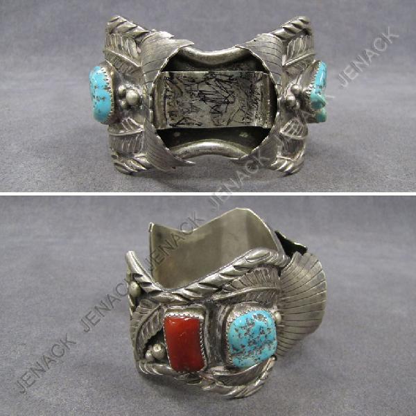 SOUTHWEST INDIAN TURQUOISE/CORAL BRACELET: SOUTHWEST AMERICAN INDIAN TURQUOISE AND CORAL BRACELET, SIGNED GROSS WEIGHT. 3.1 OZT (MISSING CENTER STONE)