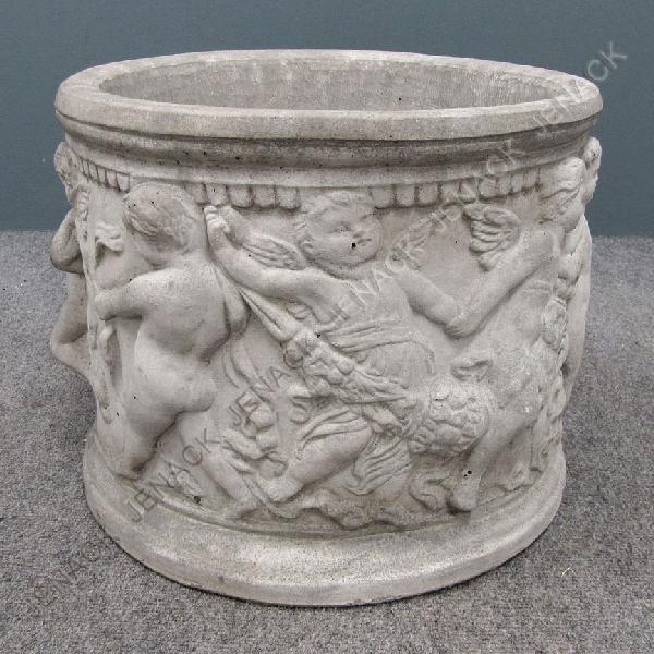 CAST STONE DANCING CHERUBS ROUND PLANTER: CAST STONE DANCING CHERUBS ROUND PLANTER. HEIGHT 12"; DIAMETER 15"