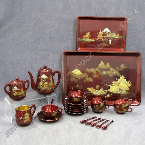 VINTAGE JAPANESE LACQUERED TEA SET: VINTAGE JAPANESE LACQUERED TEA SET FOR (6), CASED