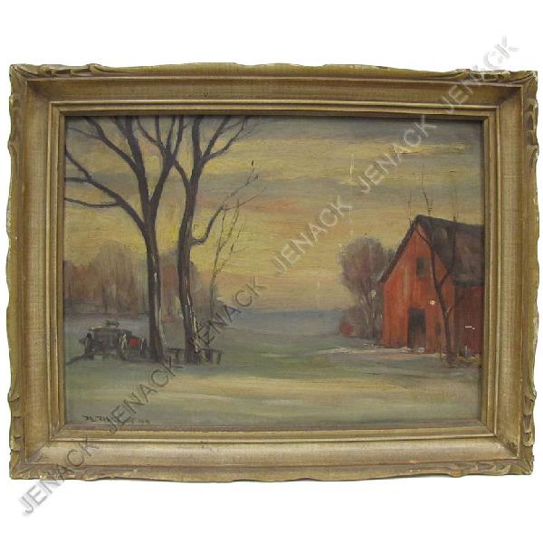 BELLA DE TIREFORT (AMERICAN NEW YORK 20TH CENTURY): BELLA DE TIREFORT (AMERICAN NEW YORK 20TH CENTURY), OIL ON CANVAS BOARD, BARN YARD, SIGNED 1949. 12 X 16"; FRAMED 15 X 19"