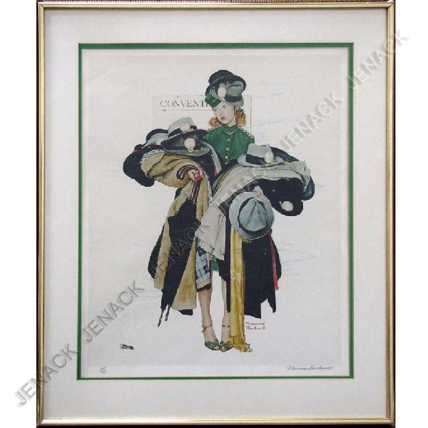 NORMAN ROCKWELL (AMERICAN/NEW YORK 1894-1978): NORMAN ROCKWELL (AMERICAN/NEW YORK 1894-1978) LITHOGRAPH WITH COLORS, THE COAT CHECK, SIGNED (IN PENCIL) #145/200. PLATE 24 1/4 X 19 3/4"; FRAMED AND GLAZED-34 X 29"