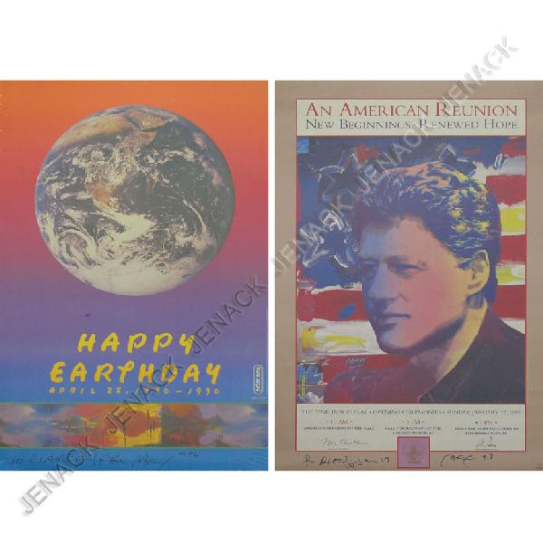 PETER MAX (AMERICAN 1937-), LOT (2) OFFSET POSTERS: PETER MAX (AMERICAN 1937-), LOT (2) OFFSET POSTERS INCLUDING CLINTON INAUGURAL, JANUARY 17, 1993, SIGNED AND INSCRIBED, 36 X 24"; EARTH DAY, SIGNED AND INSCRIBED 1990. 36 X 24"