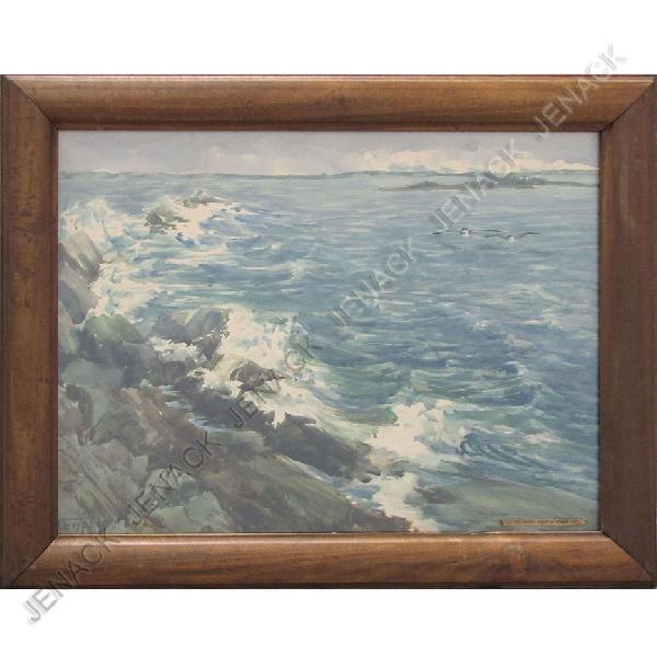 AMERICAN SCHOOL (20TH CENTURY) WATERCOLOR: AMERICAN SCHOOL (20TH CENTURY) WATERCOLOR ON ARTIST BOARD, "SURF AT BAILEY'S ISLAND AND RAGGED ISLAND, MAINE", SIGNED CLEMPSON. 15 X 20"; FRAMED & GLAZED 18 X 23"