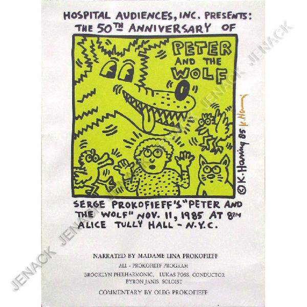 KEITH HARING (AMERICAN 1958-1990), POSTER: KEITH HARING (AMERICAN 1958-1990), SERIGRAPHIC POSTER, 50TH ANNIVERSARY OF PETER AND THE WOLF, SIGNED 1985. 27 X 20"
