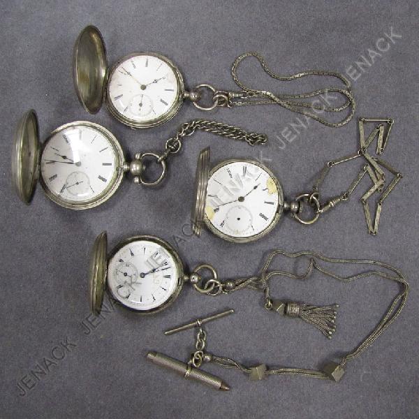 LOT (4) SILVER HUNTER CASE POCKET WATCHES: LOT (4) ASSORTED SILVER HUNTER CASE KEY WIND POCKET WATCHES, 19TH CENTURY INCLUDING JOHN HARRISON, LIVERPOOL; EUGENE ROBERT; JAMES TURNER, GENEVA; .800 SILVER FOR THE MIDDLE EASTERN MARKET. DIAMETER 1