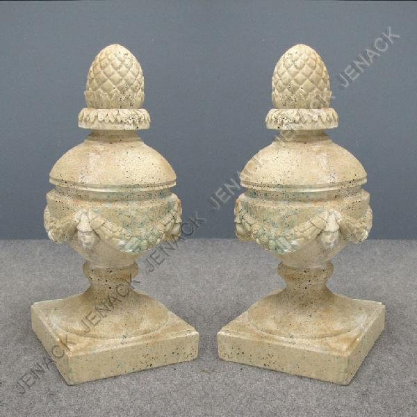 PAIR CAST STONE CAMBRIDGE FINIALS, SIGNED: PAIR CAST STONE CAMBRIDGE FINIALS, SIGNED. HEIGHT 30" (160LBS EACH)
