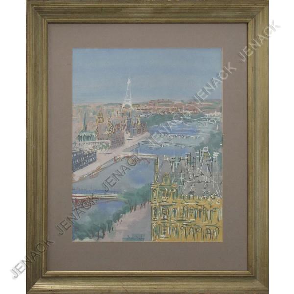 JEAN DUFY (FRENCH 1888-1964), WATERCOLOR/GOUACHE : JEAN DUFY (FRENCH 1888-1964), WATERCOLOR/GOUACHE ON PRINTED BASE, VIEW IN PARIS, SIGNED (IN PLATE). SIGHT 23 X 17 3/4"; FRAMED AND GLAZED-34 1/2 X 28 1/2"