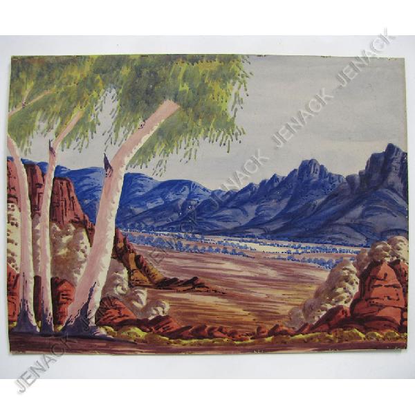 EWALD NAMATJIRA (AUSTRALIAN ABORIGINAL 1930-1984): EWALD NAMATJIRA (AUSTRALIAN ABORIGINAL 1930-1984), WATERCOLOR, SIGNED. SHEET 15 X 20"; FRAMED AND GLAZED 20 X 28"