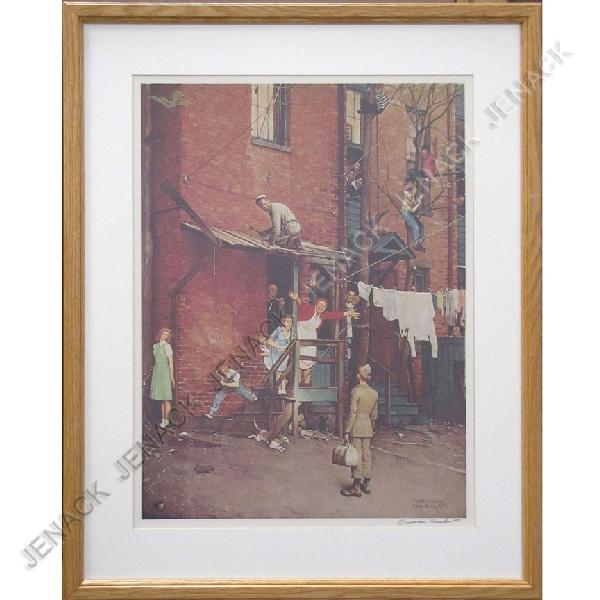 NORMAN ROCKWELL (AMERICAN 1894-1978) OFFSET LITHO: NORMAN ROCKWELL (AMERICAN 1894-1978) OFFSET LITHOGRAPH "HOME COMING GI", SIGNED INK LR MARGIN. FRAMED & GLAZED 30 X 25"