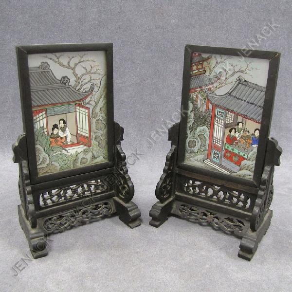 PAIR CHINESE EGLOMISE TABLE SCREENS: PAIR CHINESE EGLOMISE TABLE SCREENS. HEIGHT 7 1/4"