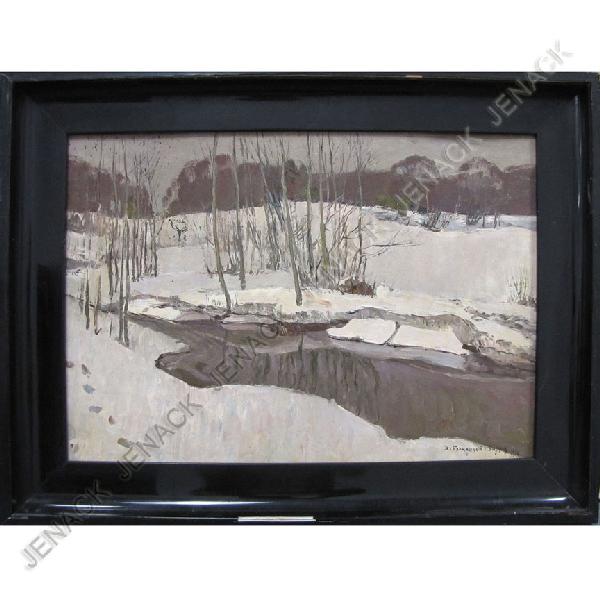 ATTRIBUTED TO VITOLD K. BIALINITSKY BIRULIA: ATTRIBUTED TO VITOLD K. BIALINITSKY BIRULIA (RUSSIAN 1872-1957), OIL ON ARTIST BOARD, WINTER LANDSCAPE, SIGNED 1916. 14 X 20"; FRAMED 18 X 24"