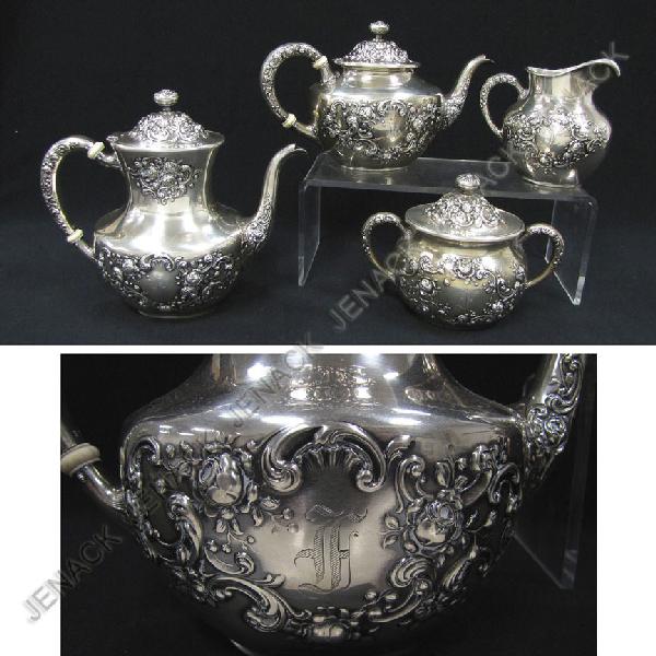 SET (4) GORHAM STERLING SILVER "FLEURY" SERVICE: SET (4) GORHAM STERLING SILVER "FLEURY" REPOUSSE TEA/COFFEE SERVICE INCLUDING COFFEE AND TEA POT, CREAMER AND SUGAR, MONOGRAMMED F. HEIGHT 4 1/2-7 1/2"; TWT 37.39 OZT (CREAMER DENTED AT BASE)