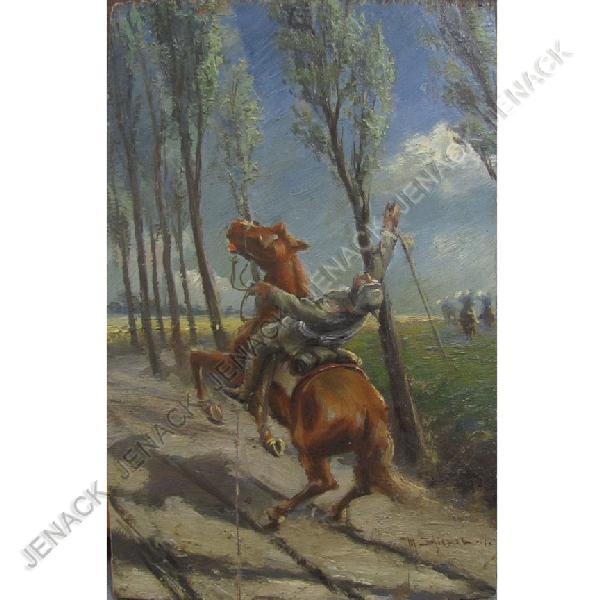 GERMAN SCHOOL (20TH CENTURY) OIL ON PANEL: GERMAN SCHOOL (20TH CENTURY) OIL ON PANEL, WWI BATTLE SCENE, SIGNED, 1914. 9 X 6"