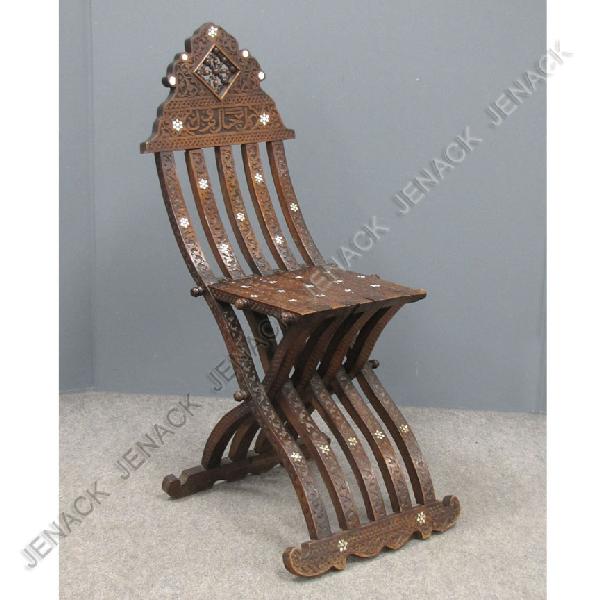 MIDDLE EASTERN INLAID TEAK FOLDING CHAIR: MIDDLE EASTERN CARVED, IVORY, BONE, AND INLAID TEAK FOLDING CHAIR **CANNOT EXPORT IVORY**