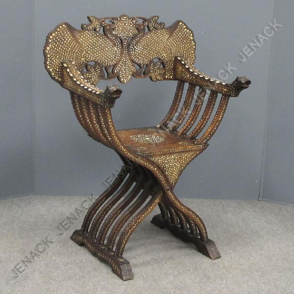MIDDLE EASTERN INLAID SAVRANOLA ARMCHAIR: MIDDLE EASTERN CARVED, IVORY, AND BONE INLAID SAVRANOLA ARMCHAIR, 19TH CENTURY **CANNOT EXPORT IVORY**